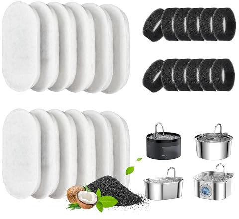 Cat Water Fountain Replacement Filters, 24 Pack for 67oz/2L & 108oz/3.2L Stainless Steel Pet Fountain (12 Filters & 12 Sponges)