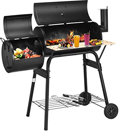 TANGZON Charcoal Barbecue Grill, Barrel Drum BBQ Trolley with Temperature Gauge, Wooden Worktop, Adjustable Vent, Grid Shelf & Wheels, Powder Coated Steel Outdoor Portable Smoker for Garden Patio