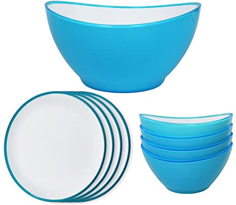 Linden Berg Geschirrset aus Kunststoff, 1x Schüssel groß 3,5 Liter, 4x Schüsseln klein 0,5 Liter, 4x Teller rund 25 x 23,5 cm, bruchsicher, kratzfest, Spülmaschinengeeignet, blau weiß