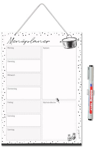 Menüplaner Dots zum Aufhängen I DIN A4 I 21 x 29,7 cm I Essensplaner schwarz weiß gepunktet I abwischbar wiederbeschreibbar I dv1303