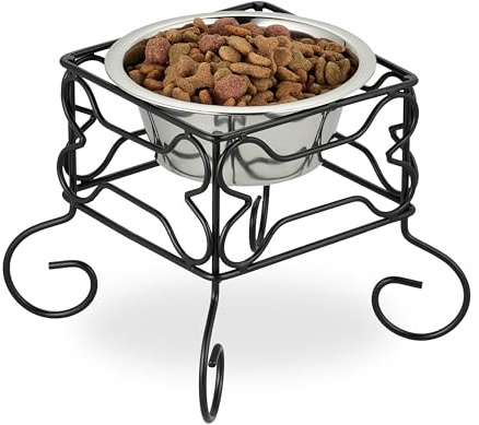 Relaxdays Hundenapf, erhöhter Napfständer, 700 ml Volumen, HxBxT: 19 x 22 x 22 cm, Eisen & Edelstahl, schwarz/Silber | HxBxT: 19 x 22 x 22 cm, Eisen & Edelstahl