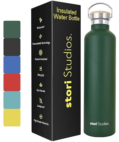 Stori Studios Vacuum Insulated Metal Water Bottle 1000ml(33oz), Stainless Steel Water Bottle, BPA Free Standard Mouth Flask, Double Wall Insulated Water Bottles For Travel, Work & Gym - Green