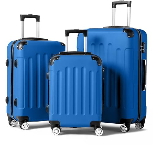 LEADZM Set de 3 Valises de Voyage (Grande Taille & Cabine), Lot de 3 Valises avec roulettes 360°, Coque Rigide ABS avec Coins Renforcés (Style 1, Bleu foncé)
