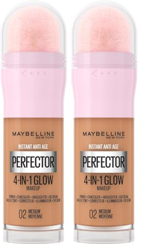 Maybelline New York Instant Anti Age Rewind Perfector, 4-In-1 Glow Primer, Concealer, Highlighter, Self-Adjusting Shades, Evens Skin Tone with a Glow Finish, Shade: 02 Medium (Pack of 2)