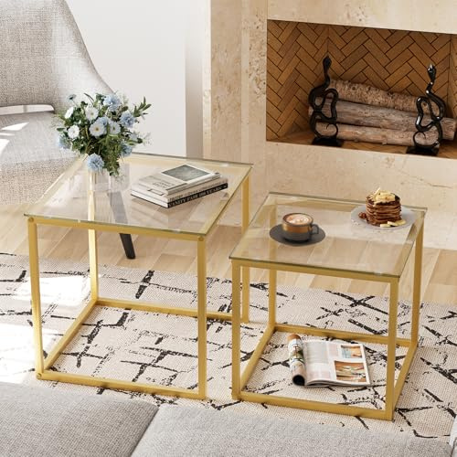 VILAWLENCE Lot de 2 tables basses modernes en verre doré avec cadre en métal pour salon, chambre et petits espaces