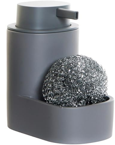 Solty - Dispensador de Jabón Cocina con Soporte Estropajo | Dosificador Antigoteo 400 ml en Plástico ABS Gris, Fácil de Desmontar, Duradero para Fregadero