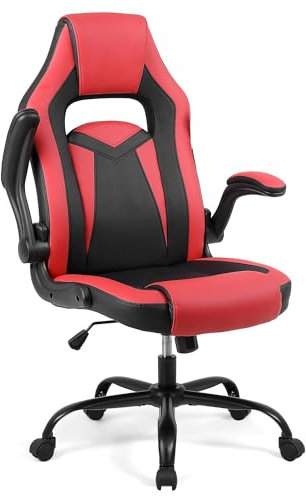 Flysky Sedia Gaming, Sedie da Gaming con Braccioli Ripiegabili, Sedia Gaming Ergonomica in Pelle PU, Poltrona Gaming per Adulti, Rosso/Nero