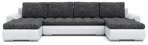 Mebligo - Ecksofa mit Schlaffunktion und Bettkasten Tokio III, Eckcouch aus Kunstleder, Sofa U Form 302x159x89 cm, Couch Wohnzimmer, Ecke Sofa Wohnlandschaft, Schlafsofa Dunkelgrau/Kunstleder Weiß