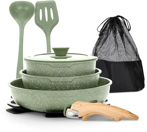 MAISON ARTS Juego de ollas y sartenes con mango desmontable, 10 piezas antiadherentes de inducción con mango extraíble, juego de cocina de granito verde, ideal para acampar y caravanas