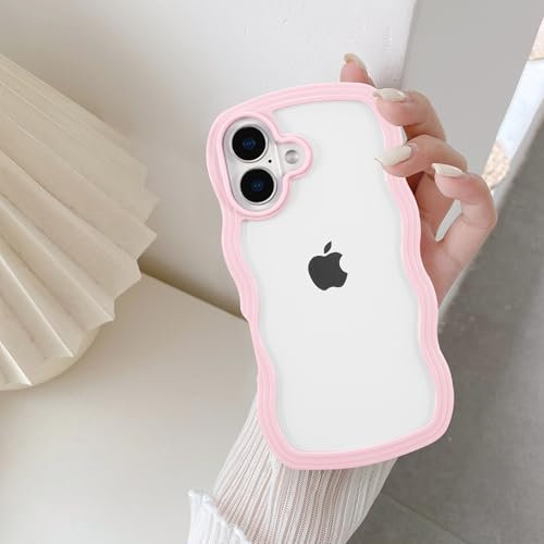 QLTYPRI Compatible with iPhone 16 Case, Cute Curly Wave Frame Clear Case for Girls Women, Transparent Soft Silicone TPU Bumper Shockproof Protective Cover for iPhone 16 - Pink