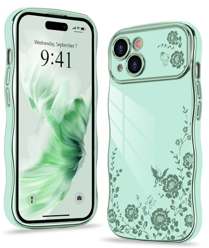 Wirvyuer for iPhone 15 Case Plating Wave Frame Floral, Light Green | Cute Flower Phone Case Curly Frame with Luxury Gold Plated Bumper, Shockproof Raised Full Camera Protection Cover for Women