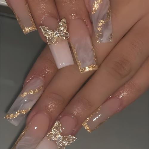 Calkkrer 24 pièces 3D Champagne Or Papillon Press On Nails, Faux ongles longs à coller, Pointes d'ongles artificielles en forme de cercueil, French Ongles à coller