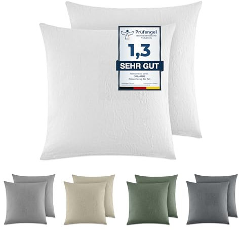Dreamzie Kissenbezug 40x40 cm 2er Set - 100% Gewaschene Baumwolle, Weiß, Kissenbezüge Oeko-TEX Zertifiziert, Leinenoptik und Atmungsaktiv Kissenhülle, Kopfkissenbezug mit Reißverschluss