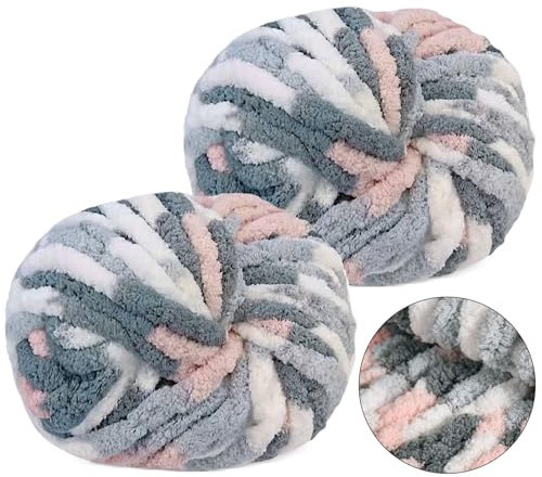 Dicke Wolle zum Häkeln 250gx2, Chunky Yarn Wolle Grau Weiß Rosa, Super Soft Chunky Wolle, Dicke Wolle zum Handstricken, Armstricken Wolle Flauschig zum Häkeln Decke, Schals, Mützen, Zierkissen