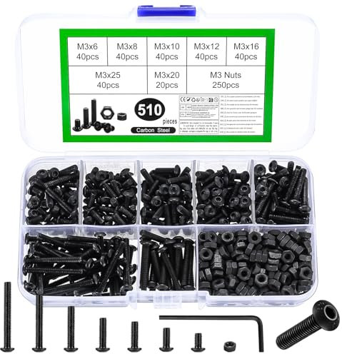 510 Pz Set di Viti M3, Set di Bulloni e Dadi, Viti a Brugola Esagono Incassato e Dadi e Rondelle, Viti Bulloni a Testa Esagonale Cilindrica, Viti a Testa Cilindrica con Esagono Incassato Nere(M3)