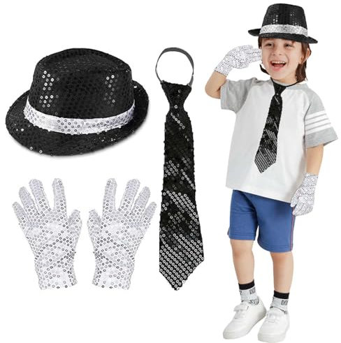 Perfektionieren Sie Ihr Superstar-Outfit mit unserem Pashanim Michael Jackson Kostüm-Set für Personen aller Altersgruppen – inklusive Glitzerhut, Glitzerhandschuhen und Schwarzer Glitzerkrawatte