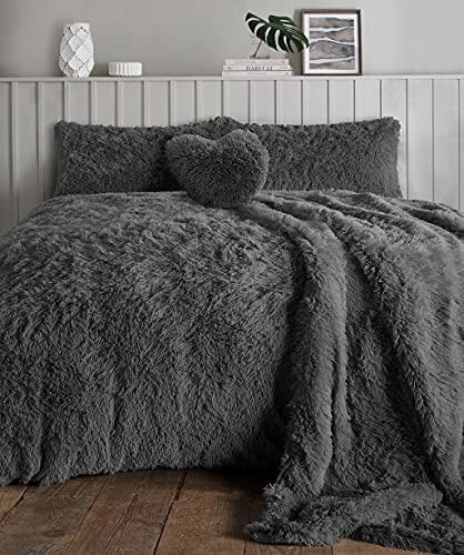 KARKARM Cuddle Plush Long Pile Teddy Fleece Fur King Size Duvet Cover Set – Sherpa Fleece Duvet Cover with 2 Pillow Cases – Soft Cosy Winter Shaggy Fluffy Bedding Quilt Covers Sets, Charcoal