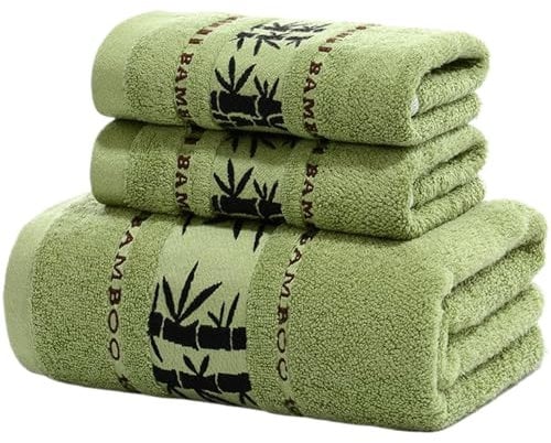 MOUNTTU Luxury Bamboo Fiber 3-Piece Towel Set - Bath & Hand Towels (Green, 55x28, 29x13)