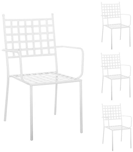 LOLAhome Pack 4 Silla Exterior Cartago Blanco, Contract, Estilo Forjado | Resistentes y Duraderas. Apilable y con brazos. Pintura polvo anticorrosión. De 56x61x90 cm. Para exterior, jardín, terraza.