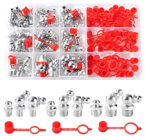 YIXISI 120 Stücke M6/M8/M10 Schmiernippel Sortiment Kit, Gerade 90° 45° Hydraulik Fettnippel Sortiment, Kegelschmiernippel, mit Kunststoff Schmiernippel Staubkappen, für Fettpistolen Mechanische