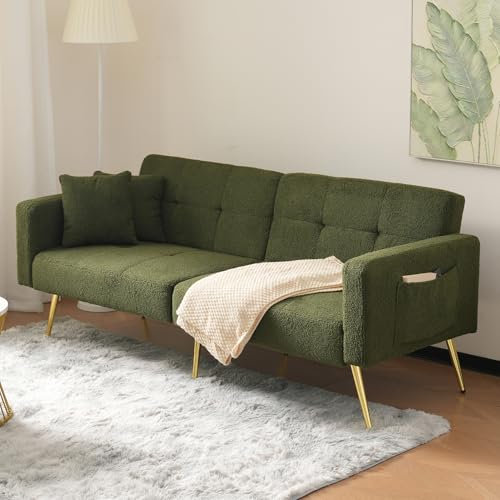 BTM Sofa Bed, 3 Seater Sofa Settee Couch with 3 Adjustable Backrest Angles, Gold Legs, Cushions and Side Storage Pockets, Green Sharpa Surface