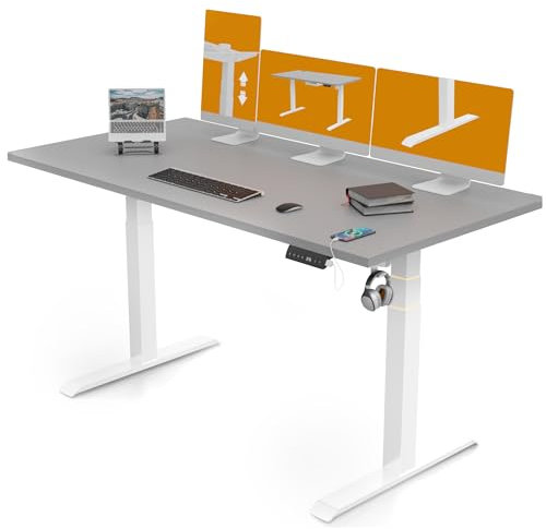 Flamaker Schreibtisch Höhenverstellbar Elektrisch 120 x 60 Höhenverstellbarer Schreibtisch Tischgestell 74-133cm mit Ganze Teleskop, Memory-Steuerung, USB-Buchse, Rollen, Häkche (Grau+Weiß)