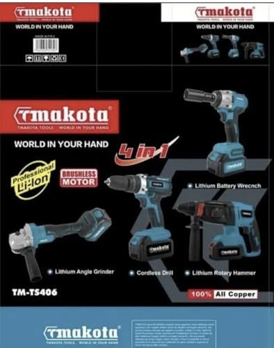 Tmakota Set Utensili 4-in-1, Trapano a Batteria al Litio, Smerigliatrice Angolare, Avvitatore ad Impulsi, Martello Rotativo, TM-TS406