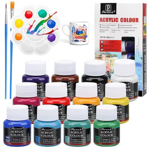 Kigniote Lot de 12 peintures pour porcelaine - 25 ml - Pour la cuisson sur verre et porcelaine - Avec 1 palette de peinture et 2 pinceaux fins