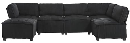 Modulares Sofa 6-Sitzer mit Cordbezug, ergonomische Rückenlehne und Armstützen, multifunktional kombinierbar als U-Form, L-Form oder Schlafsofa, mit Seitentaschen, schneller Rückfederung (Schwarz)