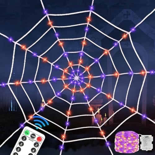 Halloween Spinnennetz, 3.6 x 3.6M Halloween Deko Outdoor, Orange Lila LED Spinnennetz Lichterketten Deko, 8 Modi & Timer, mit Fernbedienung, Groß Spinnweben, für Terrasse, Vorhof, Garten, Außen, Innen