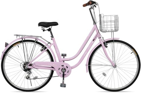 CamPingSurvivals 26 Beach Cruiser Bike, Commuter Bicycle, 7 Speed/Linear Pull Brakes/Widen Seat Men & Women Bike, Adult and Teens Bicycle for Urban Commuter(Pink)