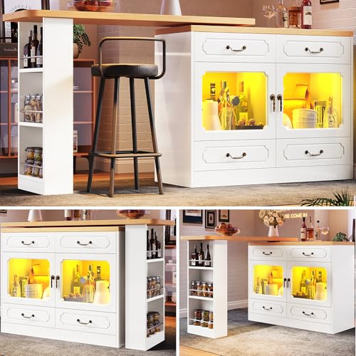 Ausziehbarer Bartisch mit Stauraum(135-203×39×92.8cm) , 360° drehbare Essbar, geeignet für Schlafzimmer, Wohnzimmer, Esszimmer, Teleskopischer Bartisch mit LED, Hochtisch Kücheninsel (Natural,White)