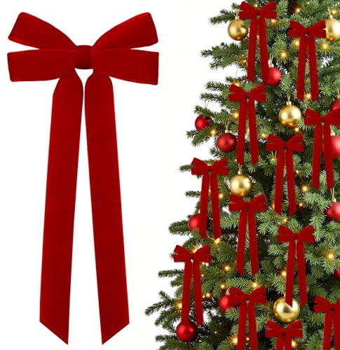 Rote Schleifen Weihnachtsbaum 12 Stück Vintage Weihnachten Samtschleifen | 13x26 cm Samt Bögen, Weihnachtsschleifen, Geschenkschleife, Vintage Schleifen für Weihnachtsbaum Treppen Kranz Kamin Deko