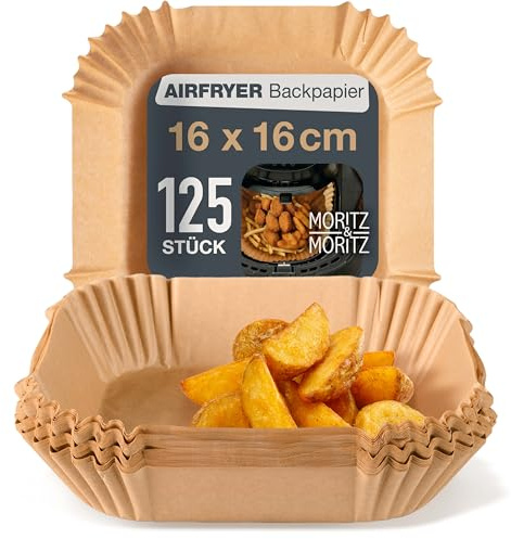 Moritz & Moritz Airfryer-Backpapier eckig 16 x 16 cm, 125 Einlagen | Für kompakte Heißluftfritteusen mit 2 bis 4 Litern, oben ca. 20,5 cm, 4,5 cm Rand, antihaft bis 220 °C, mit Box