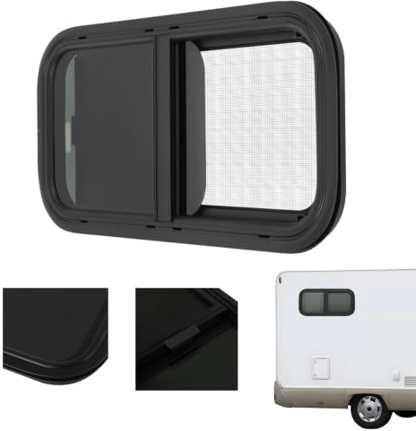 Jerool Ventana Corredera De Caravana, Ventana De Camper Con Anillo De Fijación, Para Caravanas, Remolques, Pickups (600 X 300 Mm), Color Negro, Material De Aluminio Y Vidrio Templado