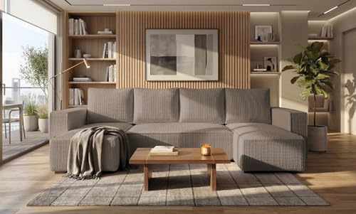 storez24 Wohnlandschaft Letto U, Couch in U-Form mit Schlaffunktion und Bettkasten, Farbe: Braun, Cordstoff