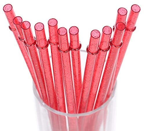 DAKOUFISH 9 Inch Reusable Plastic Glitter Sparkle Drinking Straws,BPA-Free,for 16oz 20oz Tumblers/Jars,12 Straws with One Cleaning Brush (9inch Red)