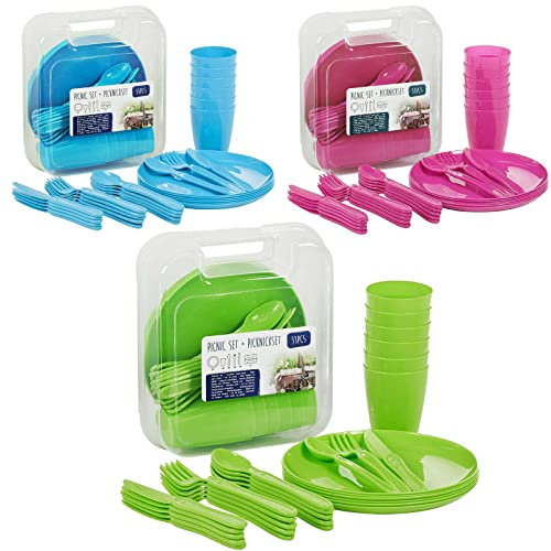 GEEZY Lot de 31 ustensiles de camping en plastique avec couteaux, fourchettes, cuillères, tasses et assiettes