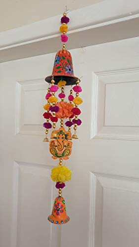 Estationeryhouse Exklusives Ringelblumen-Windspiel, handgefertigt, Rajasthani, Mehrfarbig, mit Glocken, Pom Pom Glücksbringer, indisches Festival, Ganesha, Elefant, Kalash Swastika (Ganesha)