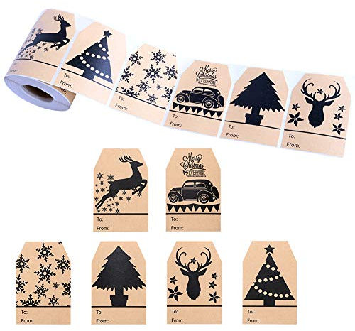 Geschenkanhänger Etiketten Weihnachtsgeschenkanhänger,360 Stück 1 Rolle Kraft Geschenkanhänger Aufkleber Etikettenaufkleber Weihnachtsbaum Schneeflocke Elch Kraft Etikettenanhänger