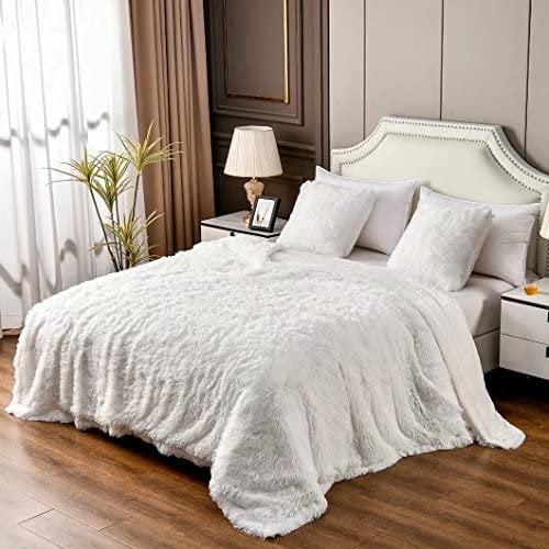 YUSOKI Weiße Queensize-Decke aus Kunstfell, 2 Lagen, 228,6 x 228,6 cm, ohne Kissen, groß, weich, aus Plüsch, flauschig, warm, Wohndecke für Bett