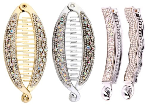 Nifocc Lot de 4 barrettes à cheveux en forme de banane en strass pour queue de cheval avec dents pour femmes et filles - Doré et argenté