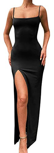 Onsoyours Robes Longue Femme Eté Sexy Spaghetti Sangle Robe Moulante Fendue Dos Nu Robe De Plage Soirée Cocktail Clubwear A Noir S