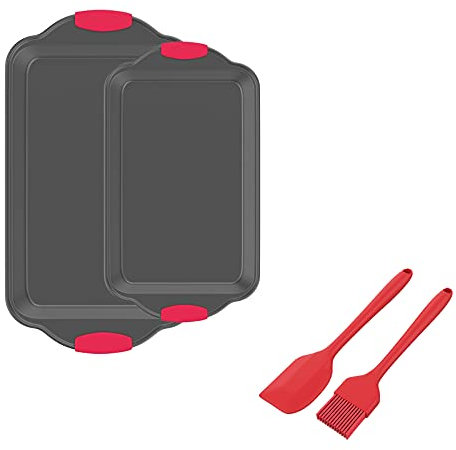 Bright Sapphire Baking Trays - Set of 40x25cm & 44x28.9cm Tins, Spatula & Brush - Sheet Pan with Non-Slip Silicone Handles