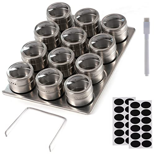 AyeVision 12 Stück Magnetische Gewürzdosen Behälter Edelstahl Runde Magnetische Gewürzgläser Set 100 ml Runde Dosen Gewürzaufbewahrungsbehälter Deckelbox Set und Magnetboden für Küche