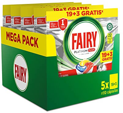 Fairy, Platinum Plus Limón, Cápsulas De Lavavajillas Todo En Uno, 5 x 22 Cápsulas
