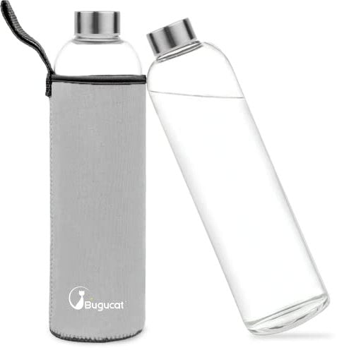 Bugucat Borosilicate Glass Water Bottle 1000ML,Reusable Stainless Steel Lid Drinking Bottle with Protective Sleeves,Juice Beverage Container BPA-Free Leak Proof for School Sport Yoga Hot Cold Drinks