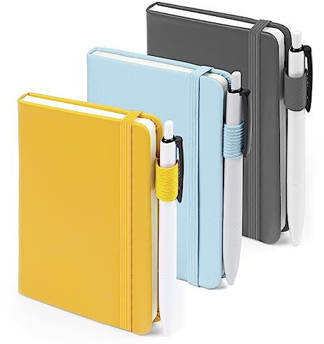feela Notizbuch A6, 3 Stück Notizbücher Set, Journale Buch Bulk mit 3 Gelstiften schwarz, 80 GSM, 112 Seiten, 8,89x13,97cm, Mini Notizblock Set geeignet für Büro und Schule, Notizheft mit 3 Farben