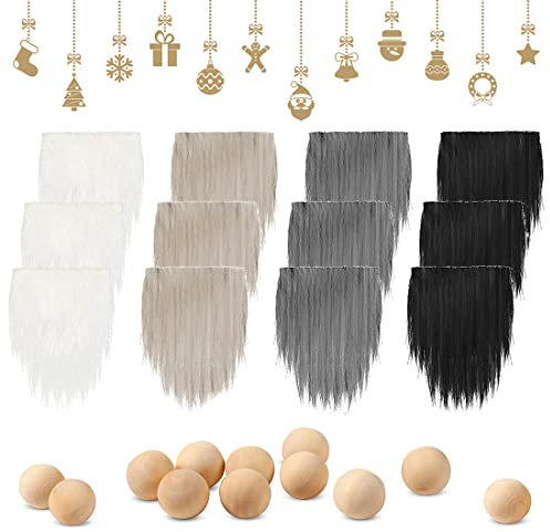 KOOKZ 12 Stück Stoff Kunstpelz Dekor Bart Wichtel und Holzkugeln Set, Wichtel Figuren Christmas GNOME Wichtel Zubehör, Ideal Weihnachten Deko für Cosplay Party Halloween Ostern DIY Basteln Nähen