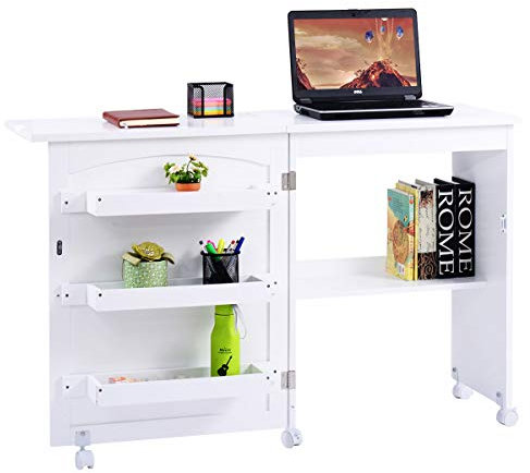 Multigot Folding Sewing Table, 2-in-1 Mobile Craft Table with Open Shelves and Rolling Casters, Sewing Machine Cabinet Computer Desk for Home Office (White)